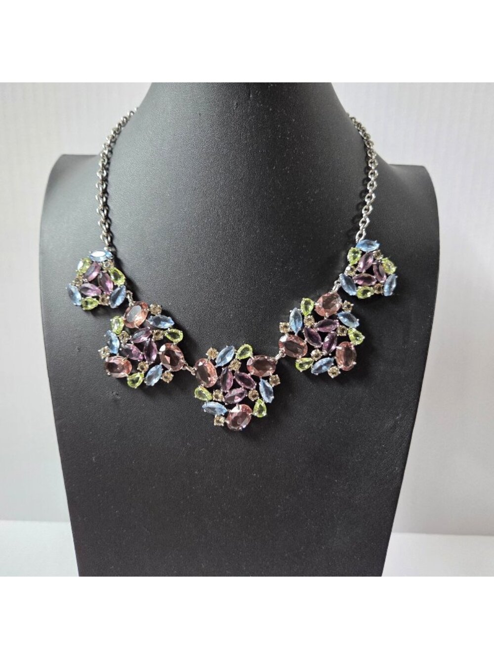 Talbots Necklace Purple Blue Green Pastel Jeweled Statement Silver Tone 18" + 3"